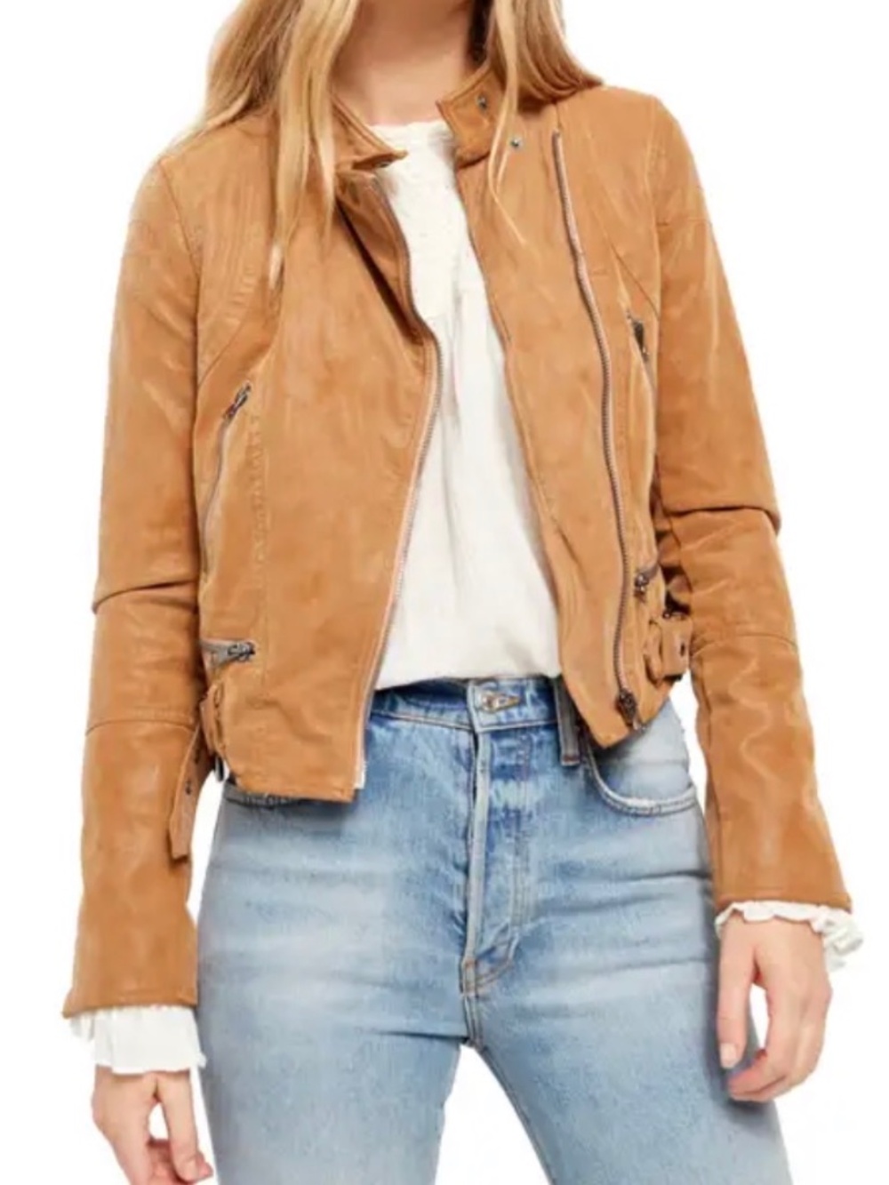 Free People Tan Leather Moto Bomber Jacket
